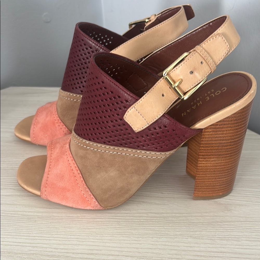 Cole Haan Women's Burgundy and Tan Block Heel Sandals